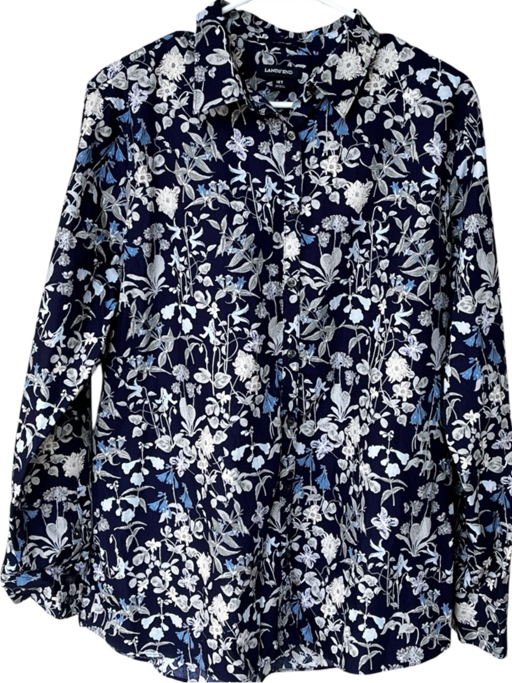 Lands' End No Iron Supima Navy Light Blue Floral Shirt Size 18 Tall